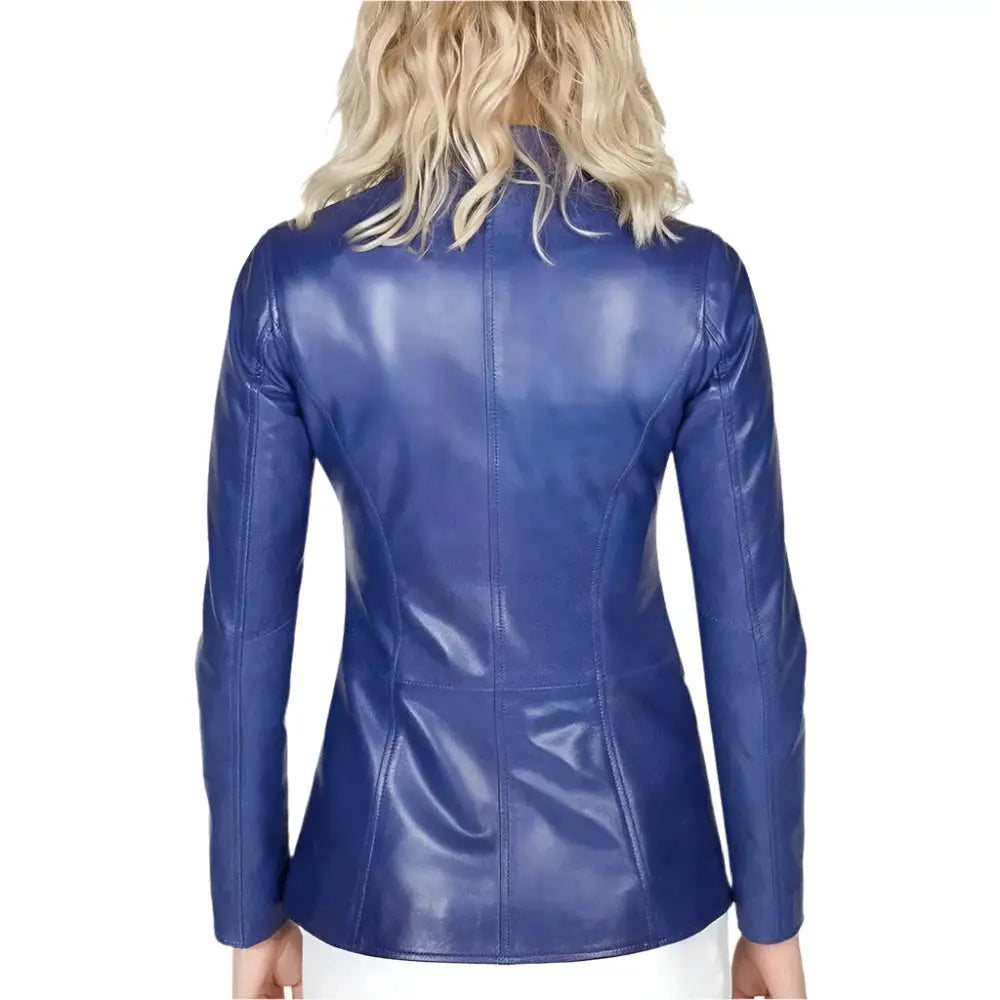 Women’s Blue Leather Blazer Jacket-3
