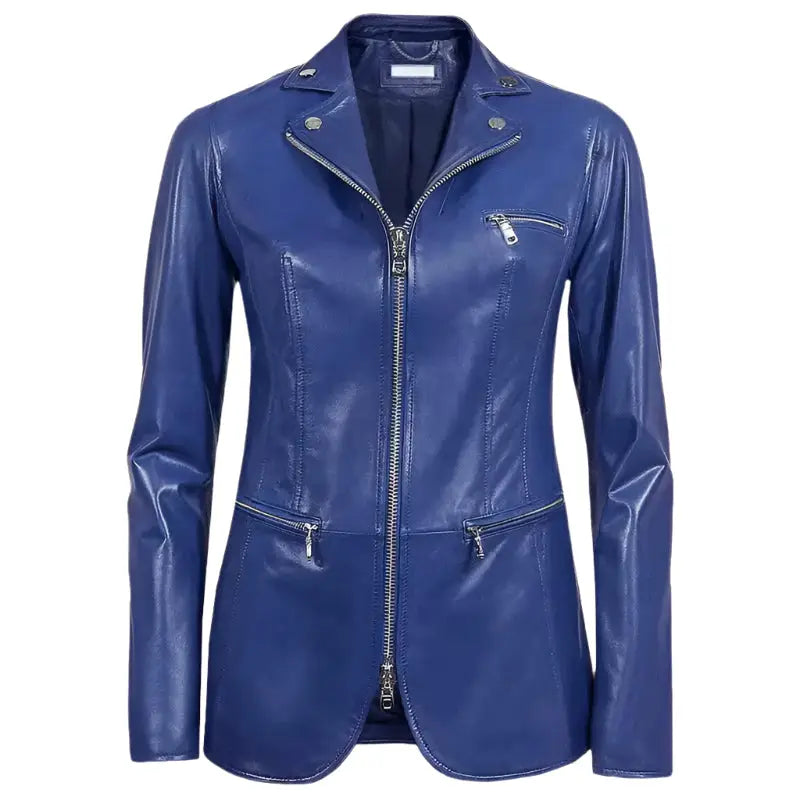 Women’s Blue Leather Blazer Jacket-0