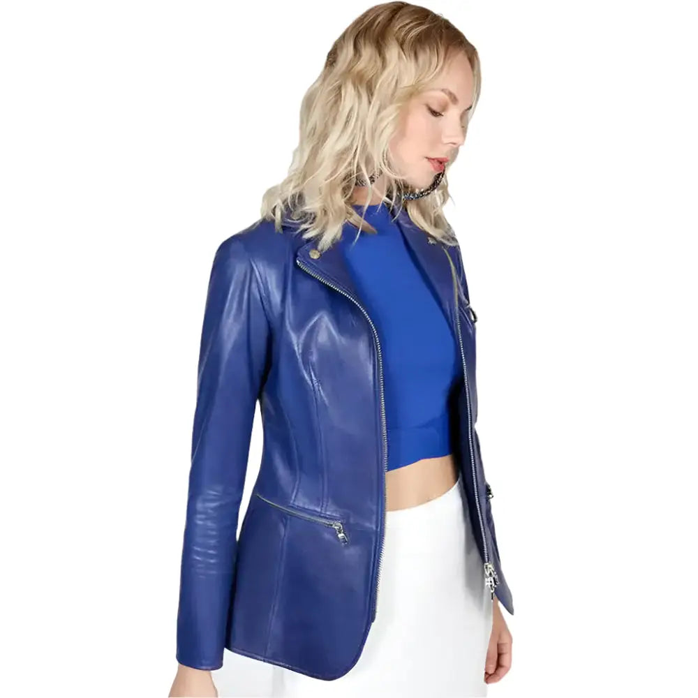 Women’s Blue Leather Blazer Jacket-2