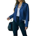 Women’s Blue Suede Tassel Lapel Cropped Motorcycle Jacket-0