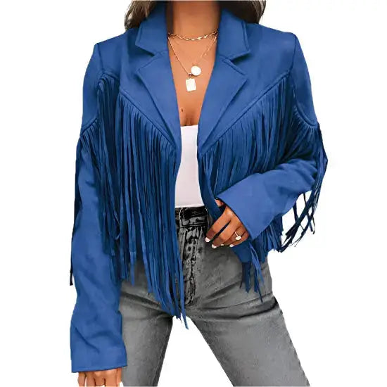 Women’s Blue Suede Tassel Lapel Cropped Motorcycle Jacket-1