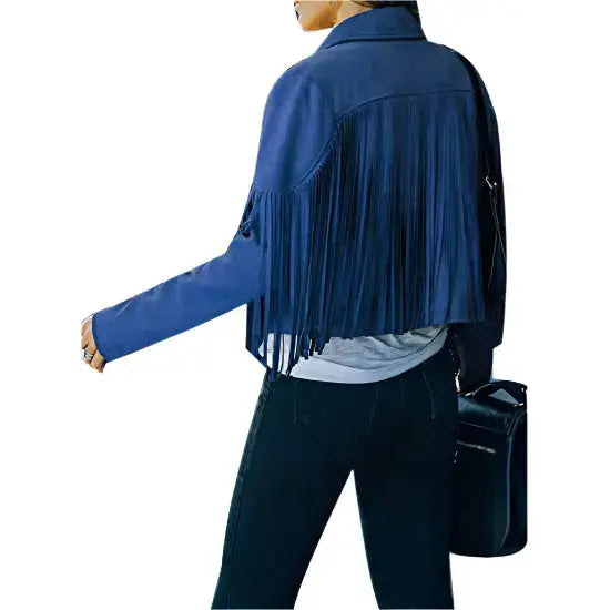 Women’s Blue Suede Tassel Lapel Cropped Motorcycle Jacket-2