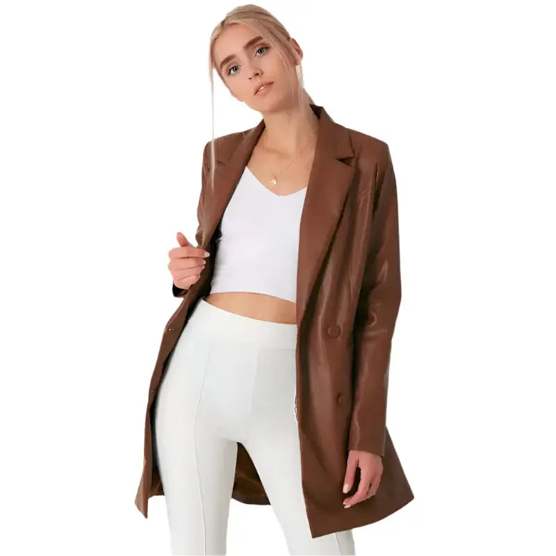 Women’s Brown Leather Long Coat-2