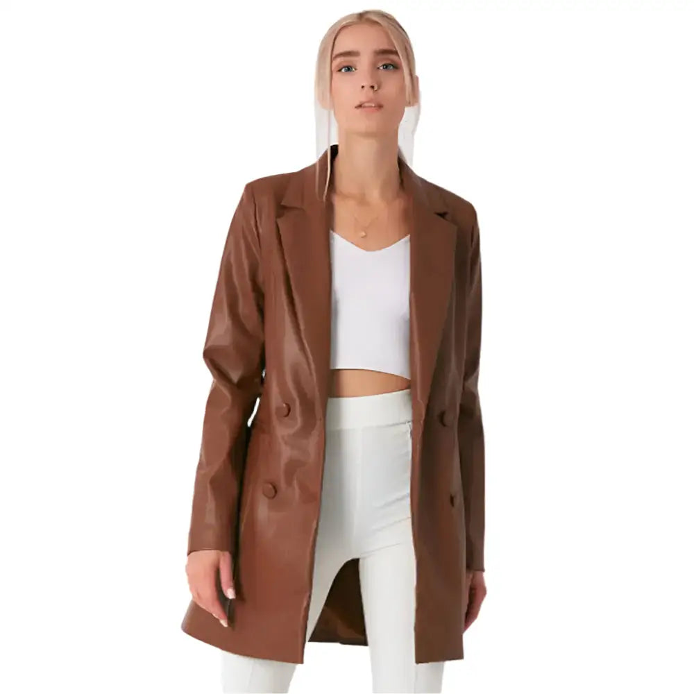 Women’s Brown Leather Long Coat-3