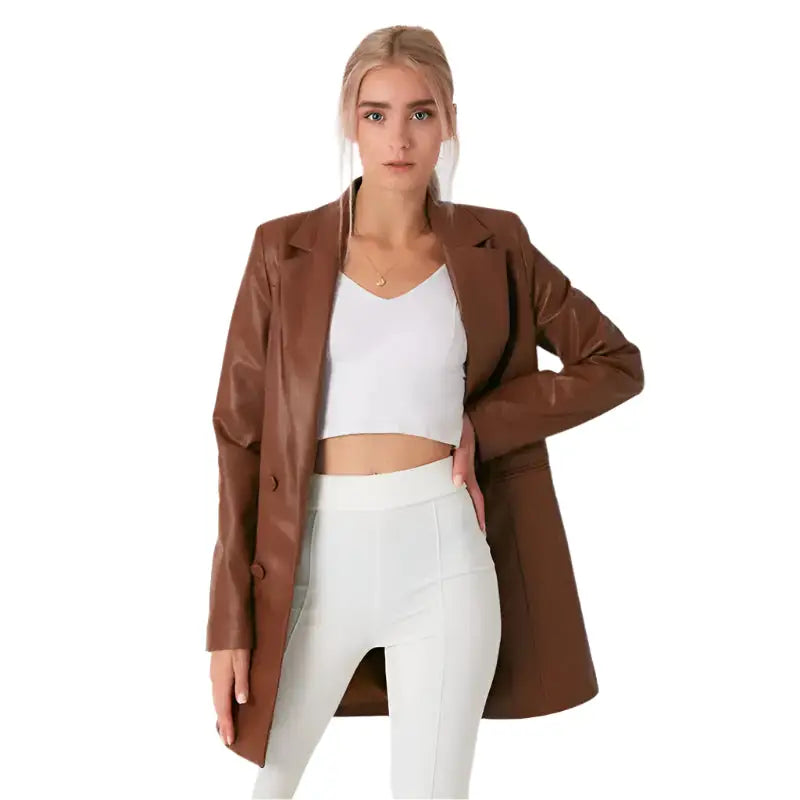 Women’s Brown Leather Long Coat-0