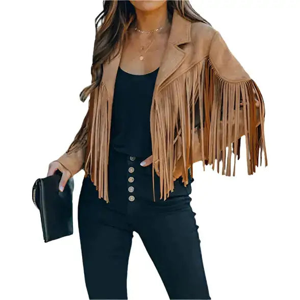 Women’s Camel Cropped Tassel Fringe Suede Moto Jacket-0