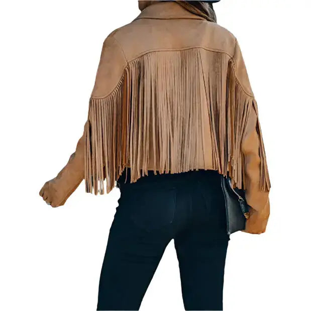 Women’s Camel Cropped Tassel Fringe Suede Moto Jacket-1
