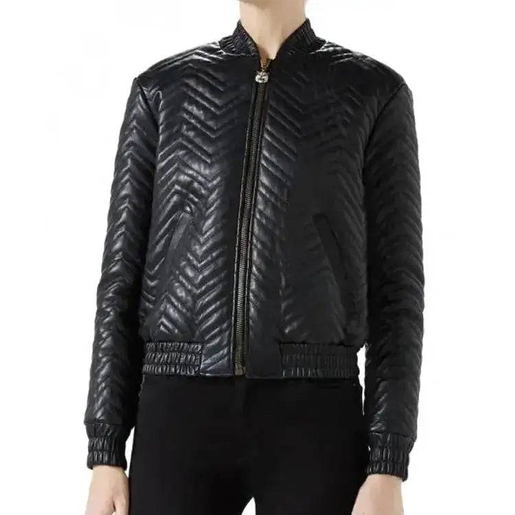 Women’s Classic Stylish Quilted Leather Bomber Jacket-0
