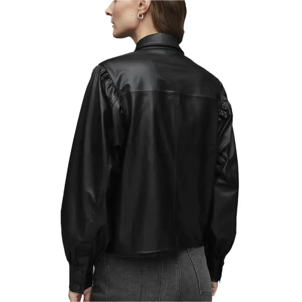 Women’s Classy Black Balloon Sleeve Leather Shirt-1