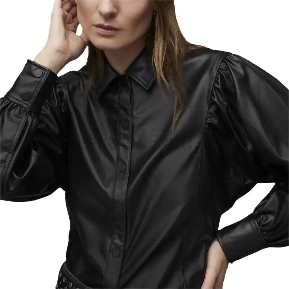 Women’s Classy Black Balloon Sleeve Leather Shirt-2