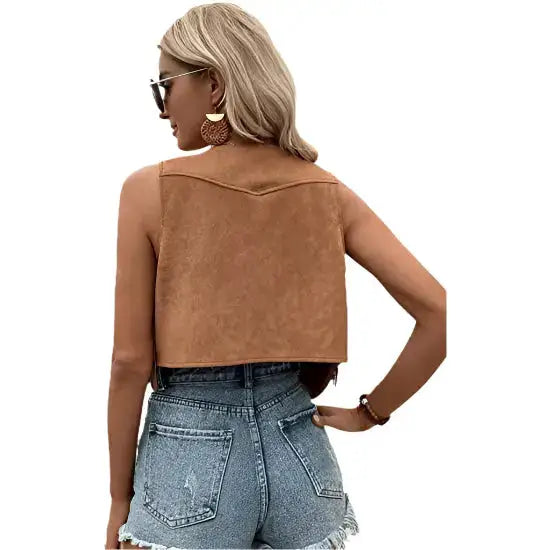 Women’s Coffee Brown Suede Sleeveless Crop Vest with Fringe Trim-1