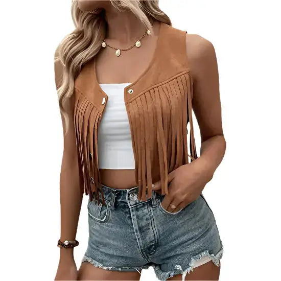 Women’s Coffee Brown Suede Sleeveless Crop Vest with Fringe Trim-0