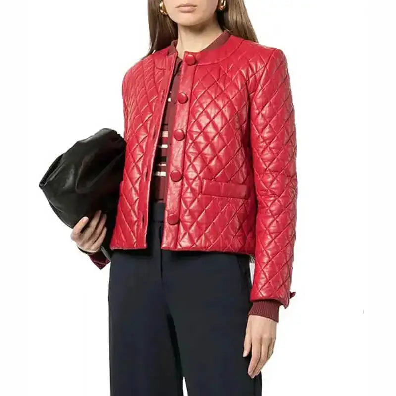 Women’s Quilted Red Collarless Leather Jacket-1