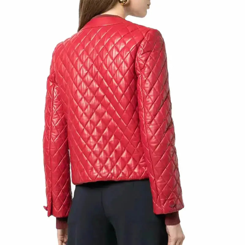 Women’s Quilted Red Collarless Leather Jacket-2