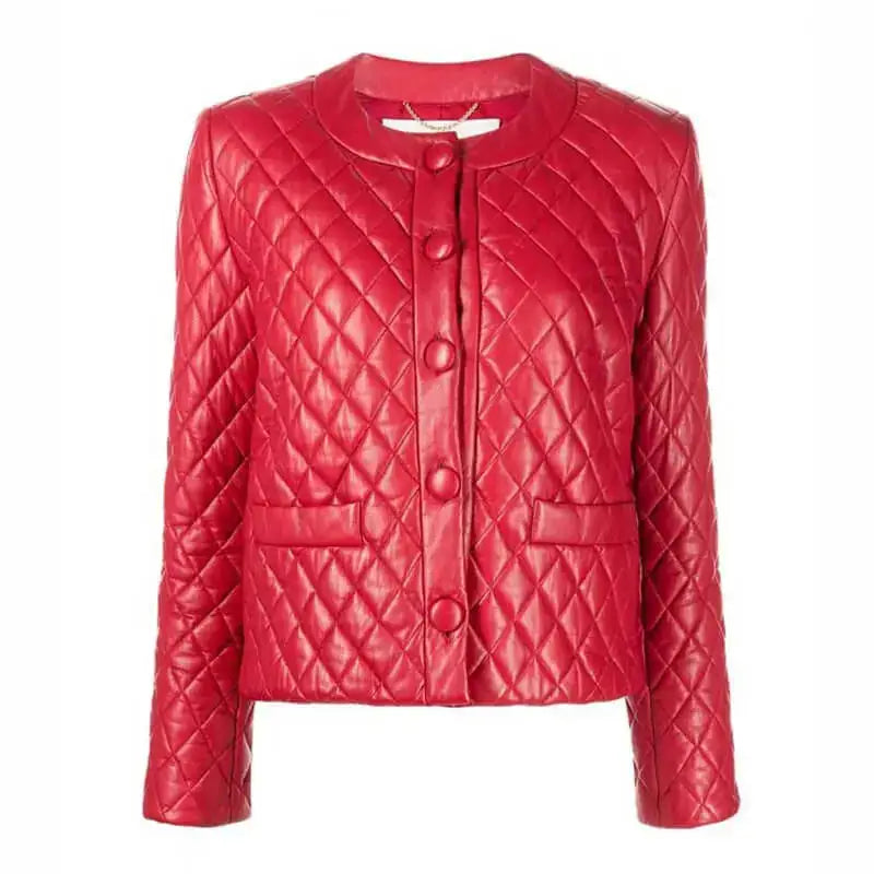 Women’s Quilted Red Collarless Leather Jacket-0