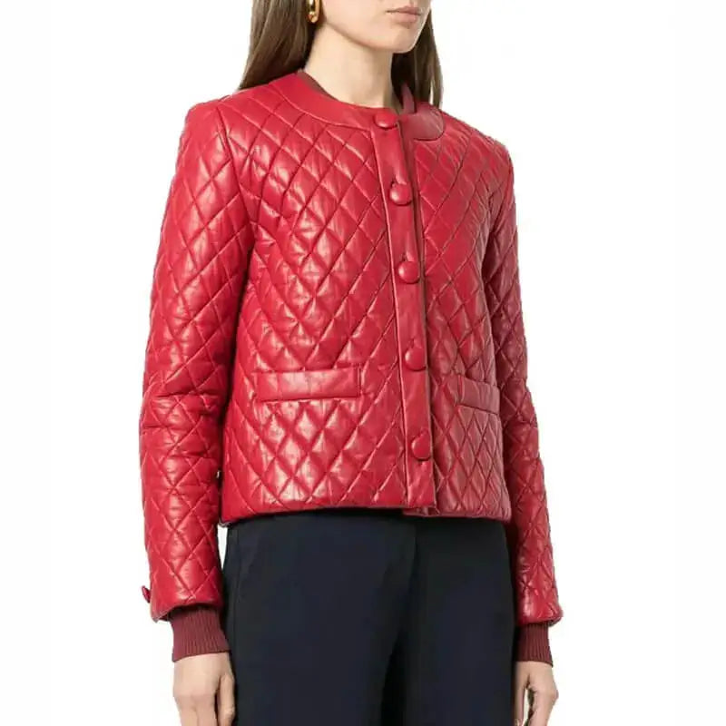 Women’s Quilted Red Collarless Leather Jacket-3