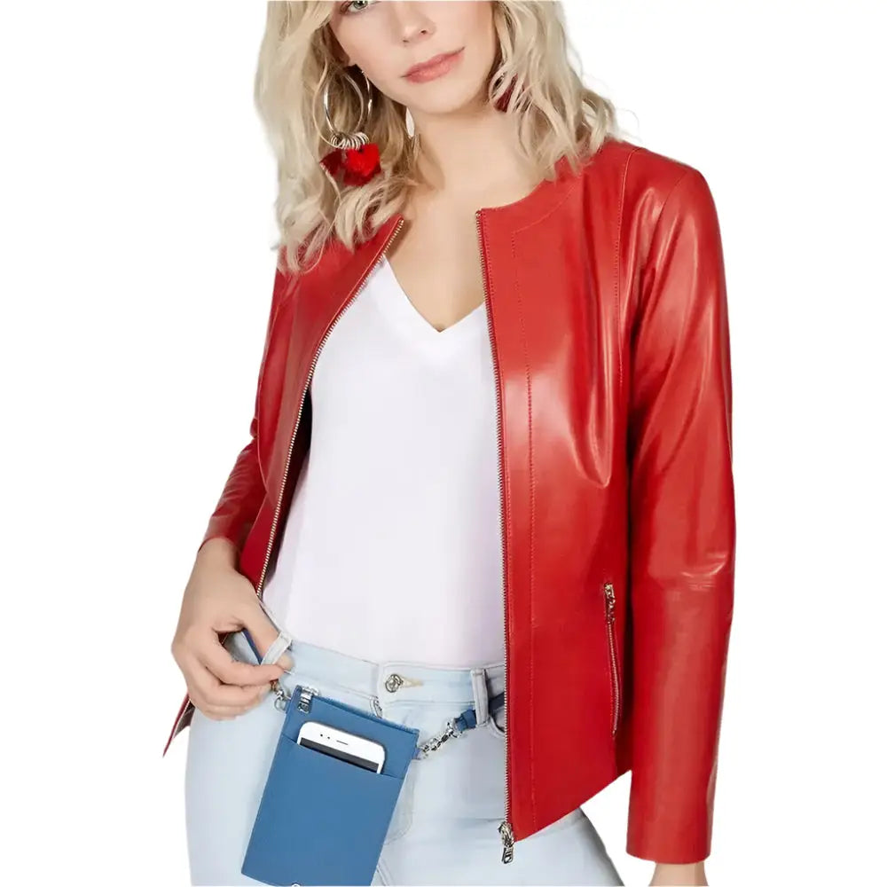 Women’s Collarless Red Leather Blazer – Slim Fit-0