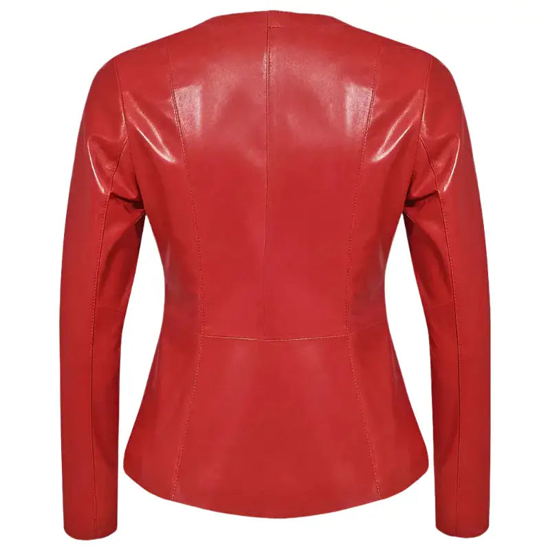 Women’s Collarless Red Leather Blazer – Slim Fit-3