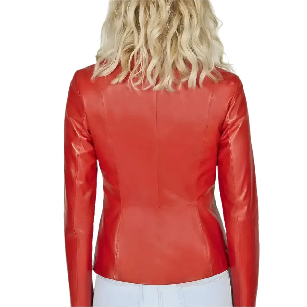 Women’s Collarless Red Leather Blazer – Slim Fit-1