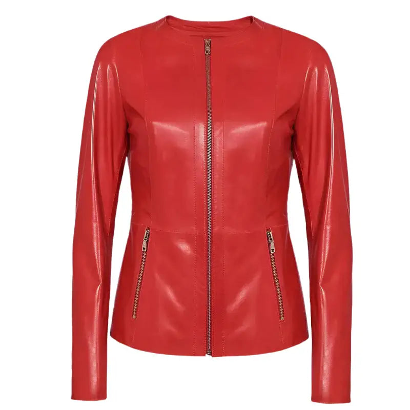 Women’s Collarless Red Leather Blazer – Slim Fit-2