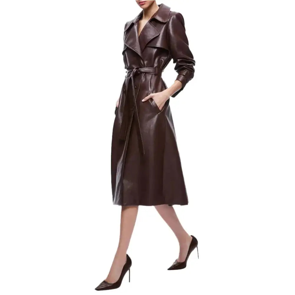 Women’s Chocolate Brown Leather Trench Coat-2