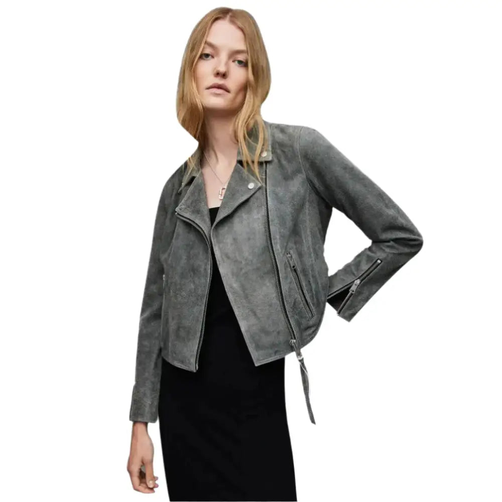 Women’s Gray Suede Leather Biker Jacket-0