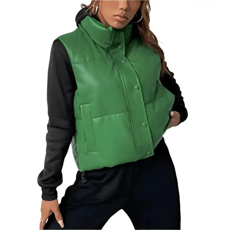 Women’s Green Puffer Leather Vest-1