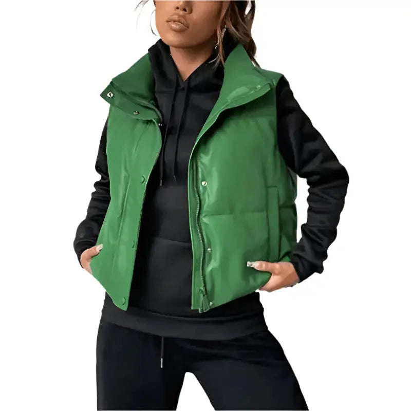 Women’s Green Puffer Leather Vest-0
