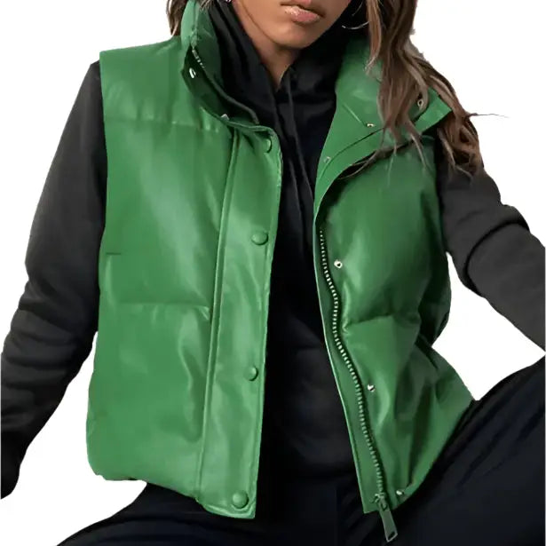 Women’s Green Puffer Leather Vest-2