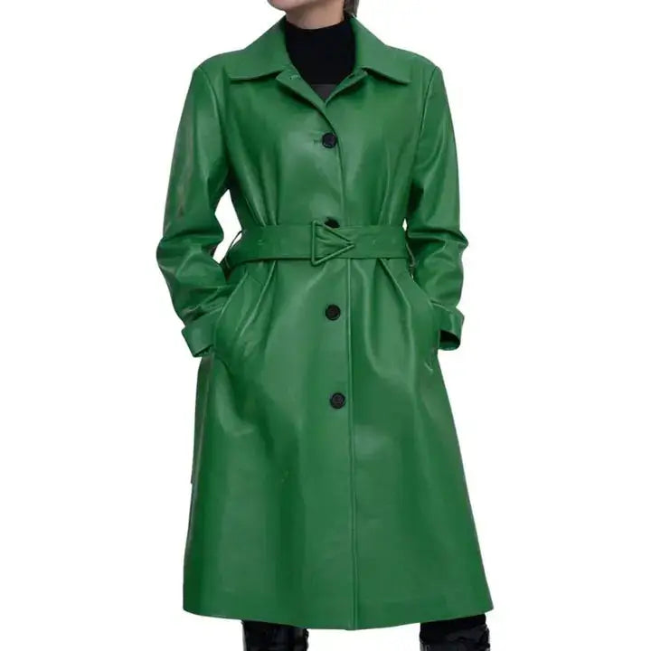 Women's Green Lambskin Leather Trench Coat-0