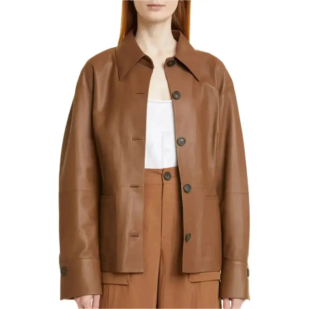 Women's Hazelnut Brown Leather Shirt Jacket-0