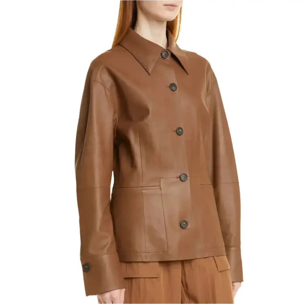 Women's Hazelnut Brown Leather Shirt Jacket-1
