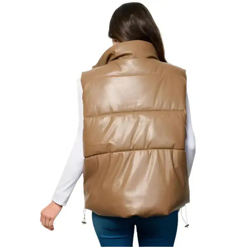 Women’s Khaki Puffer Leather Vest-1