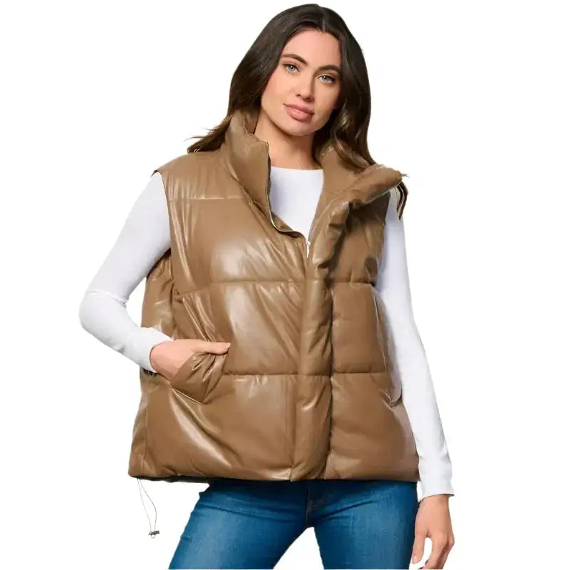 Women’s Khaki Puffer Leather Vest-0