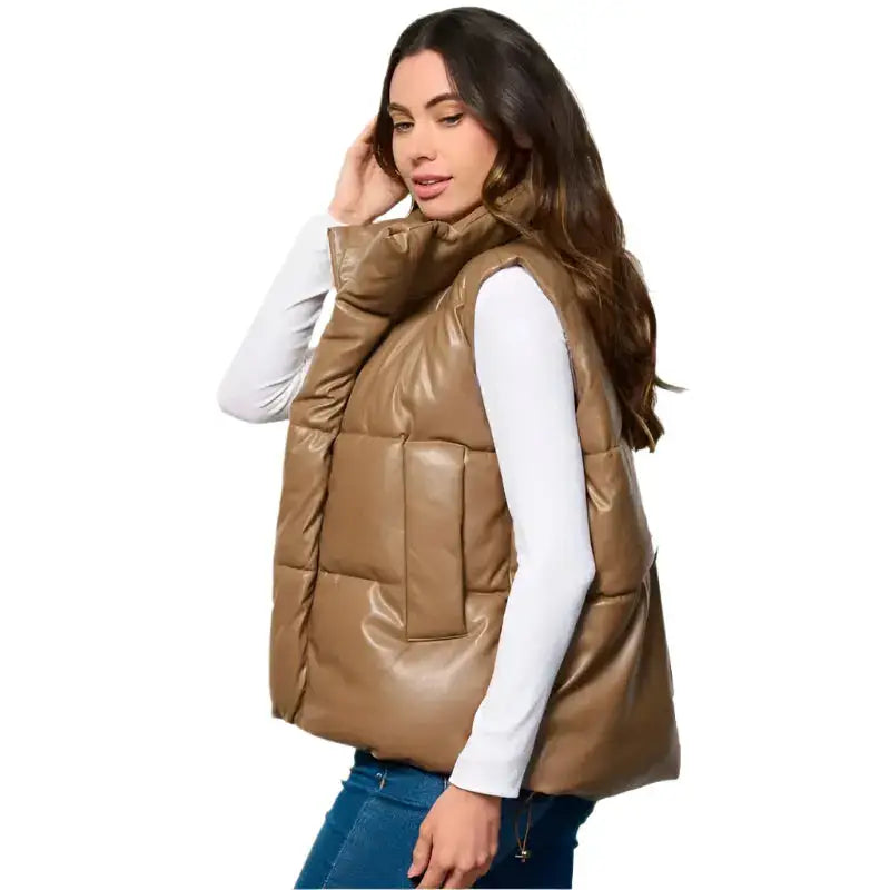 Women’s Khaki Puffer Leather Vest-2