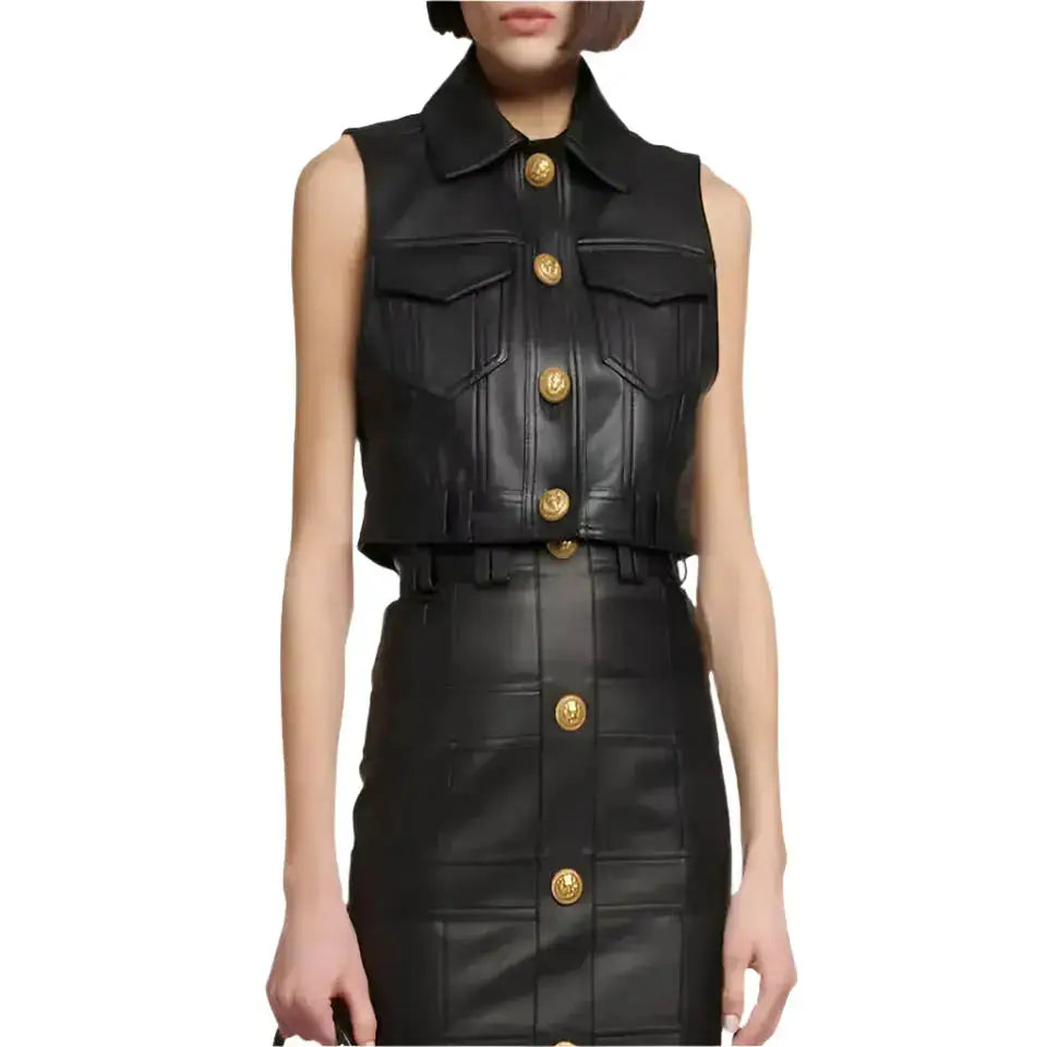 Women's Real Leather Cropped Biker Vest-0
