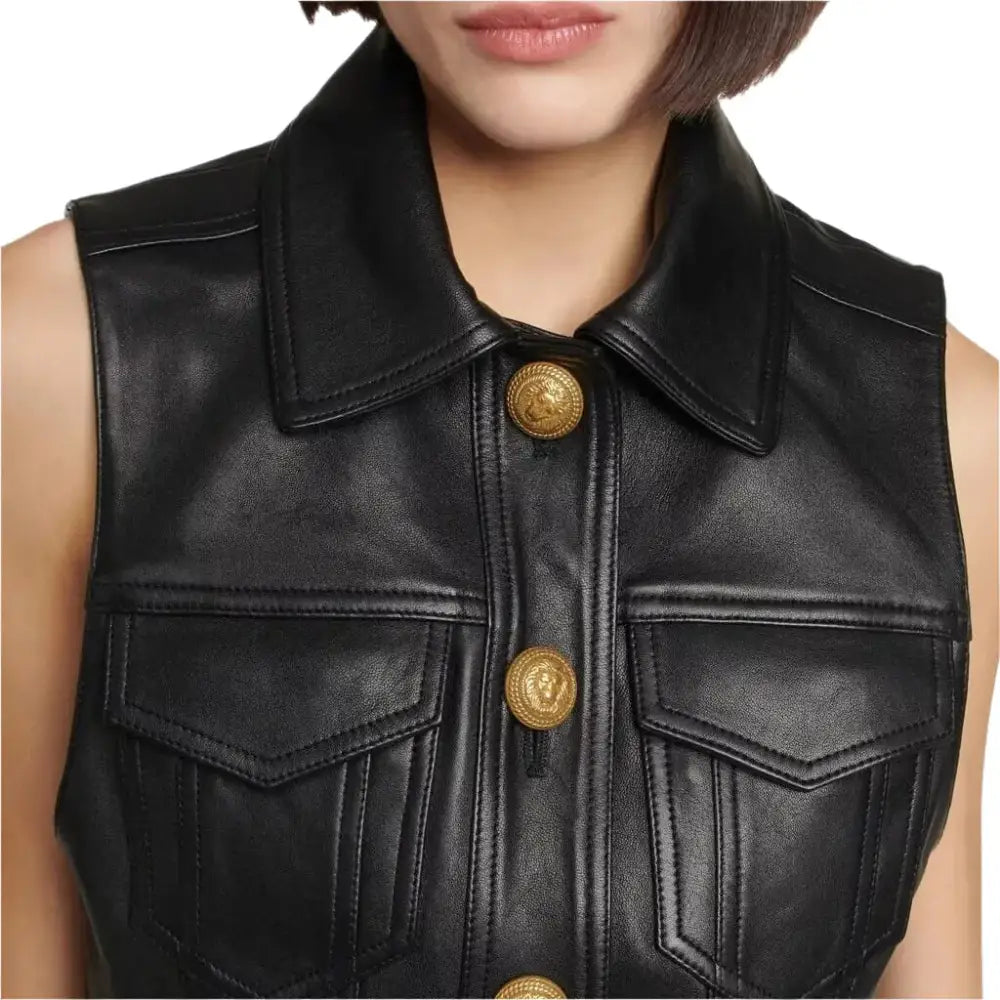 Women's Real Leather Cropped Biker Vest-2