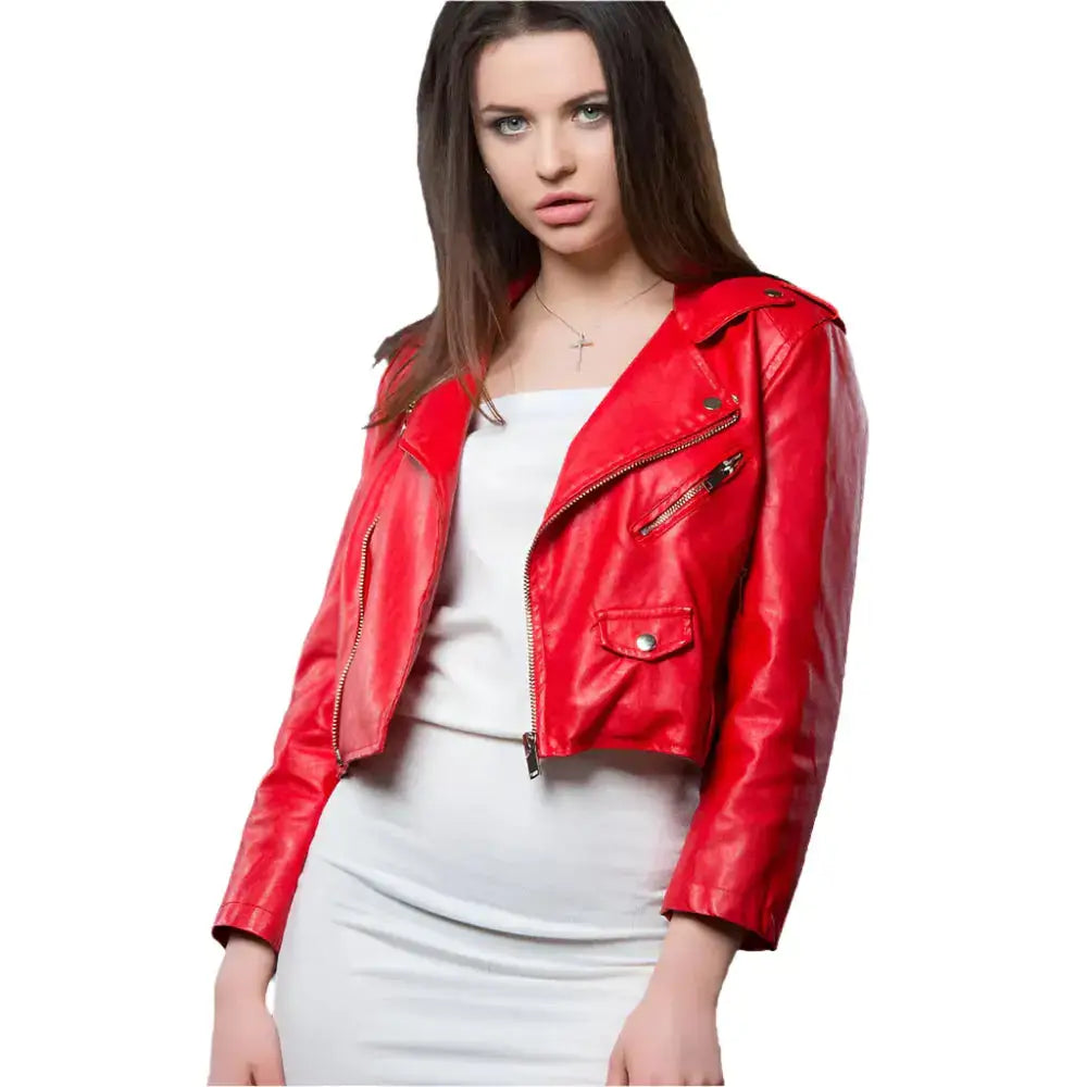 Women’s Red Cropped Leather Biker Jacket-0