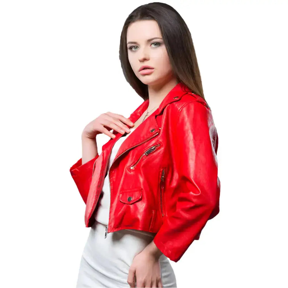Women’s Red Cropped Leather Biker Jacket-3