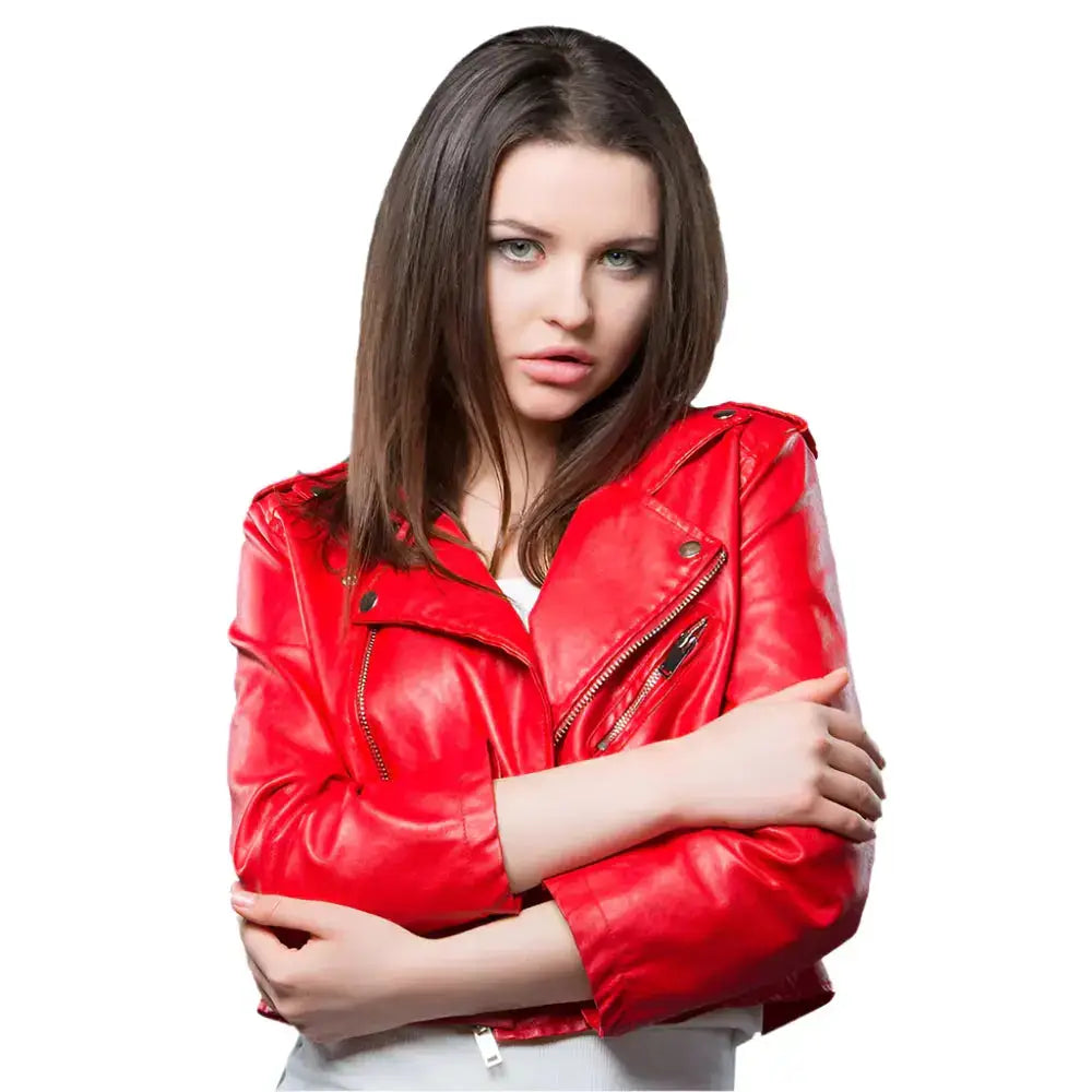 Women’s Red Cropped Leather Biker Jacket-4