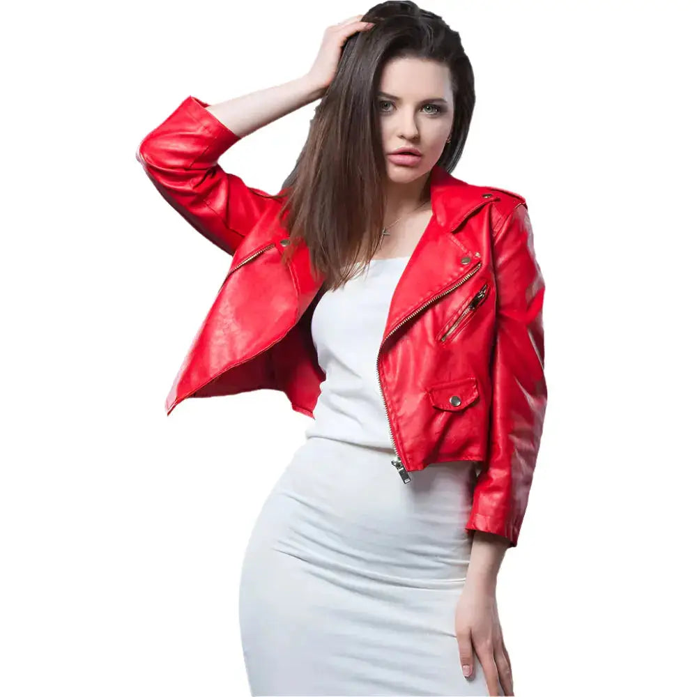 Women’s Red Cropped Leather Biker Jacket-1