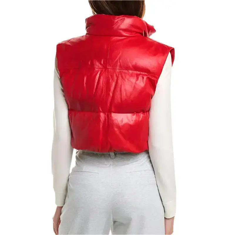Women's Red Lambskin Leather Short Puffer Vest-1