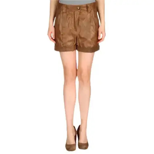 Women’s Brown Leather Ruffle Shorts-0