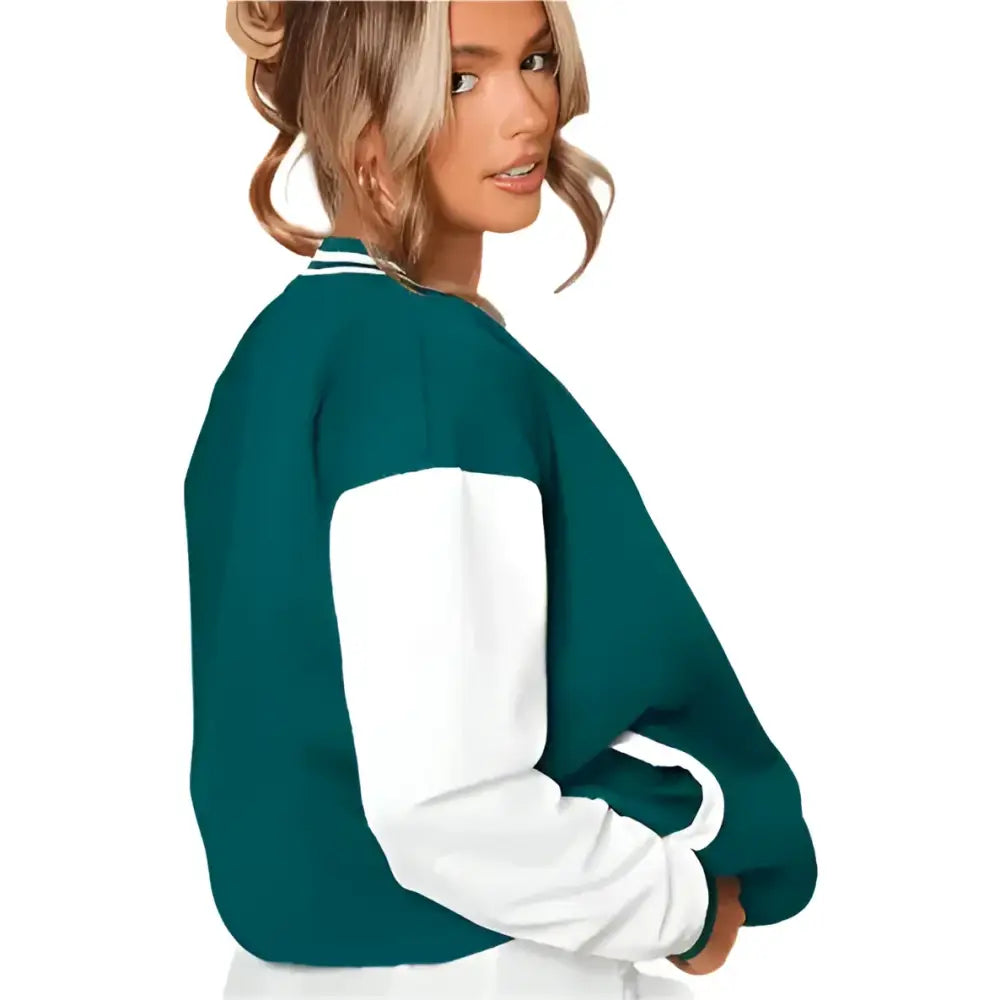 Women's Sea Green Varsity Leather Bomber Jacket-2