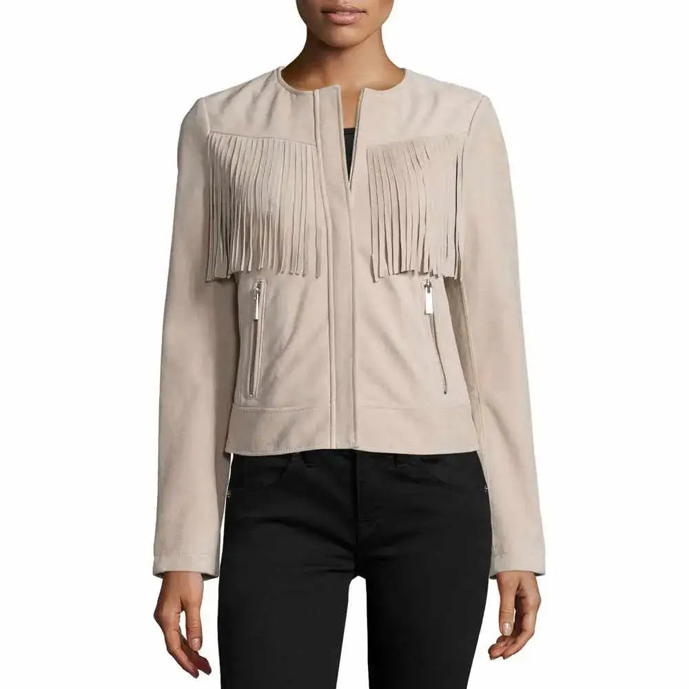 Women’s Slim Fit Fringe Leather Jacket-0
