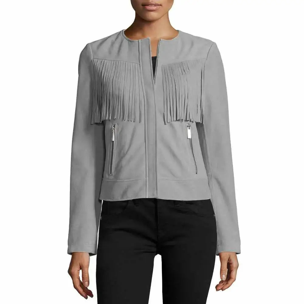 Women’s Slim Fit Fringe Leather Jacket-4