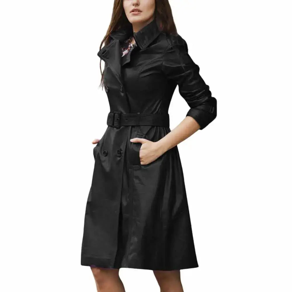 Women’s Slim Fit Leather Trench Coat Leather Dress-1
