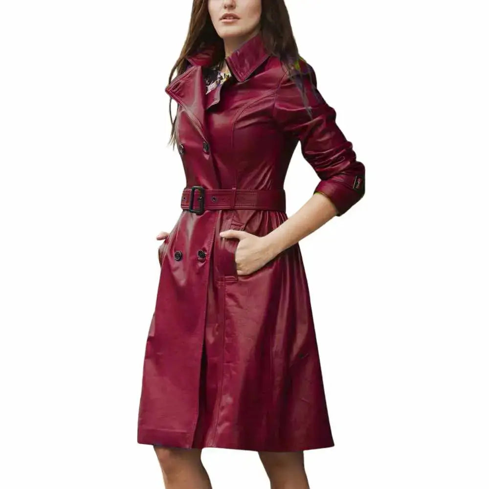 Women’s Slim Fit Leather Trench Coat Leather Dress-3