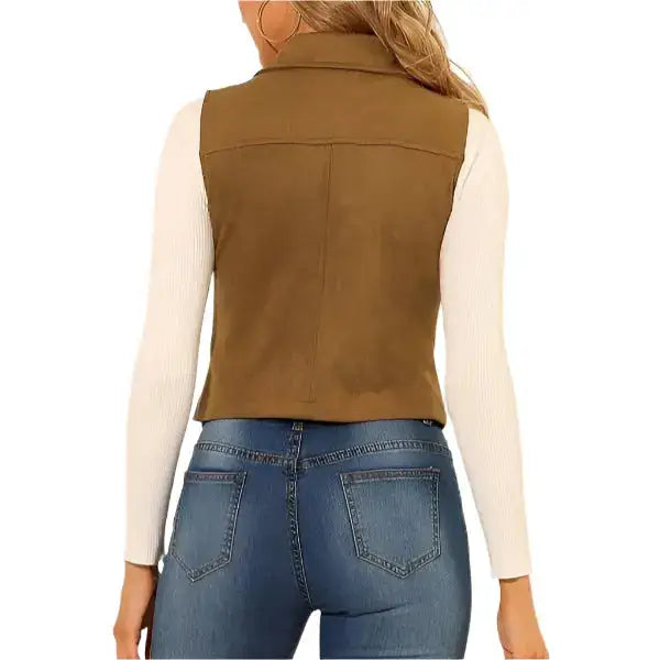 Women’s Tan Brown Suede Leather Biker Vest-2