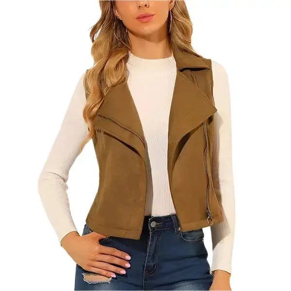 Women’s Tan Brown Suede Leather Biker Vest-0
